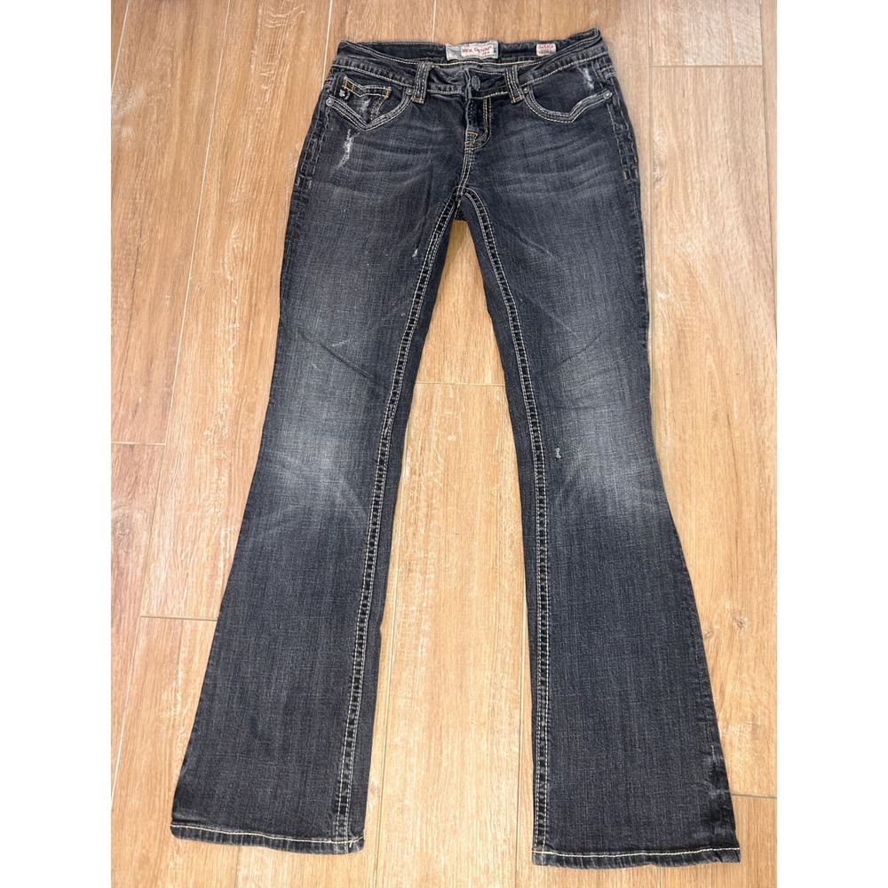 MEK‎ Denim Oaxaca Bootcut Jeans Dark Wash Distressed Contrast Stitch 27x34